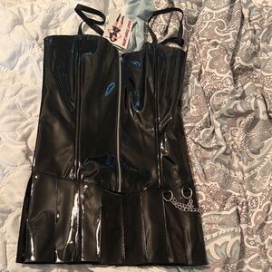 Elegant Moments Black Shiny Vinyl Mini Dress with Front Zip